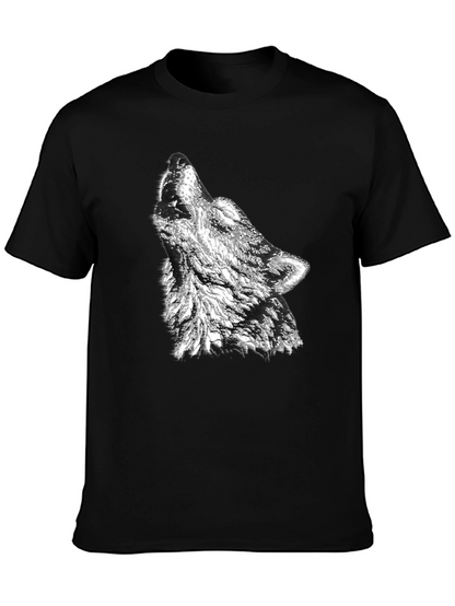 Camiseta Negra Hombre Diseño Lobo Aullando