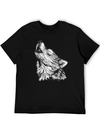 Camiseta Negra Hombre Diseño Lobo Aullando