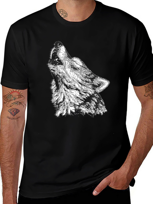 Camiseta Negra Hombre Diseño Lobo Aullando