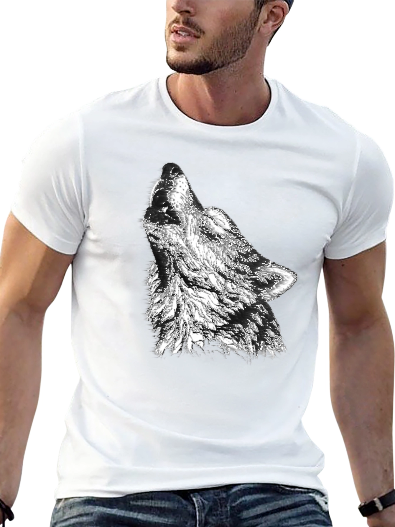 Camiseta Negra Hombre Diseño Lobo Aullando