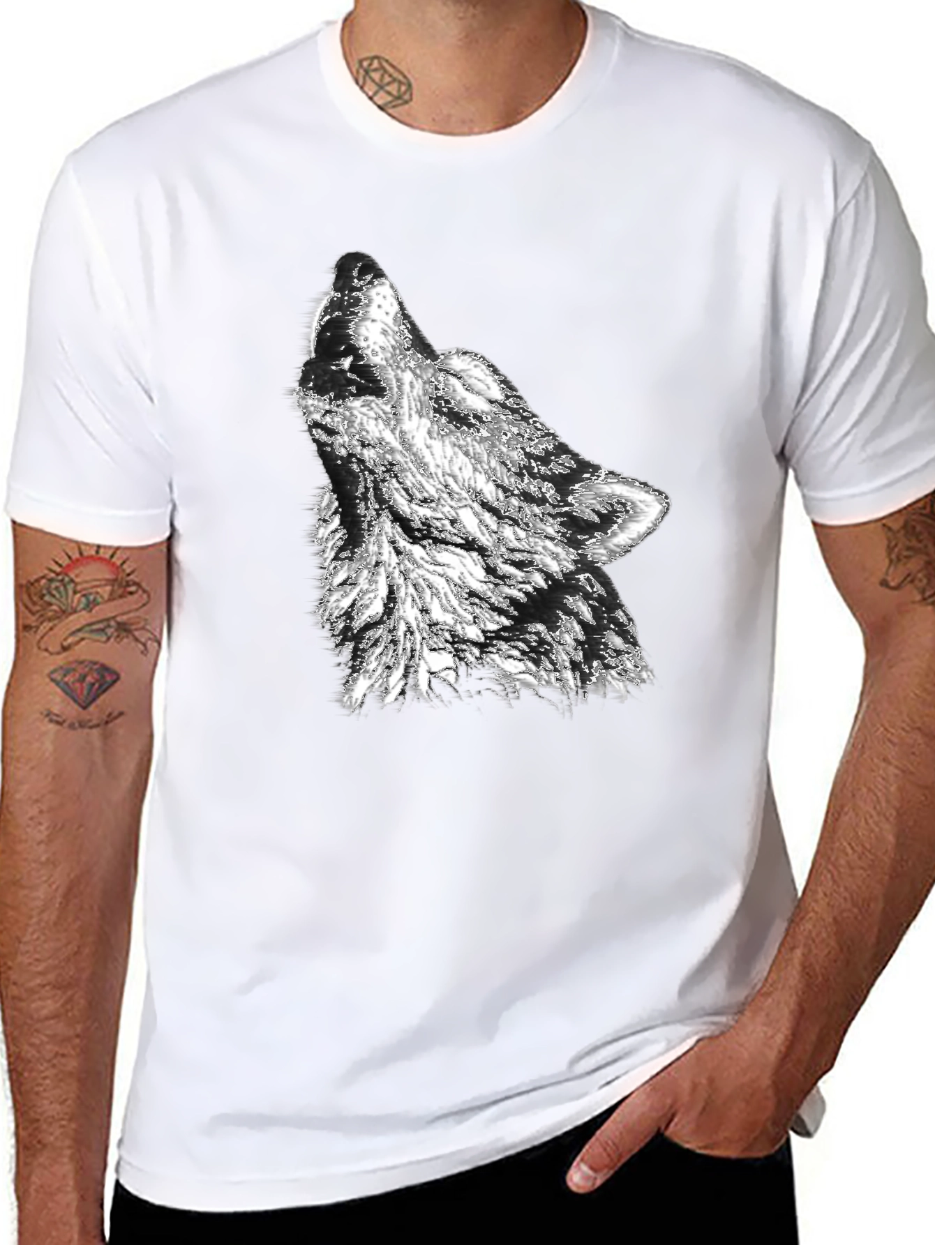Camiseta Negra Hombre Diseño Lobo Aullando