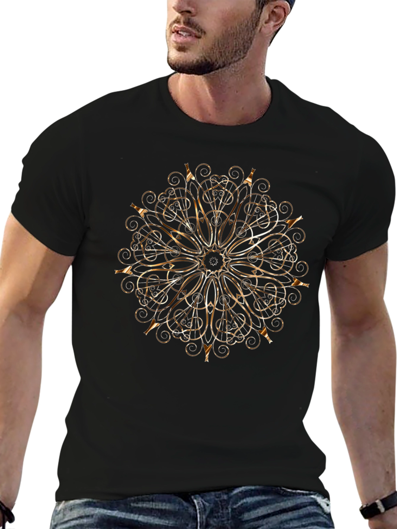 Camiseta Negra con Diseño Mandala Dorado