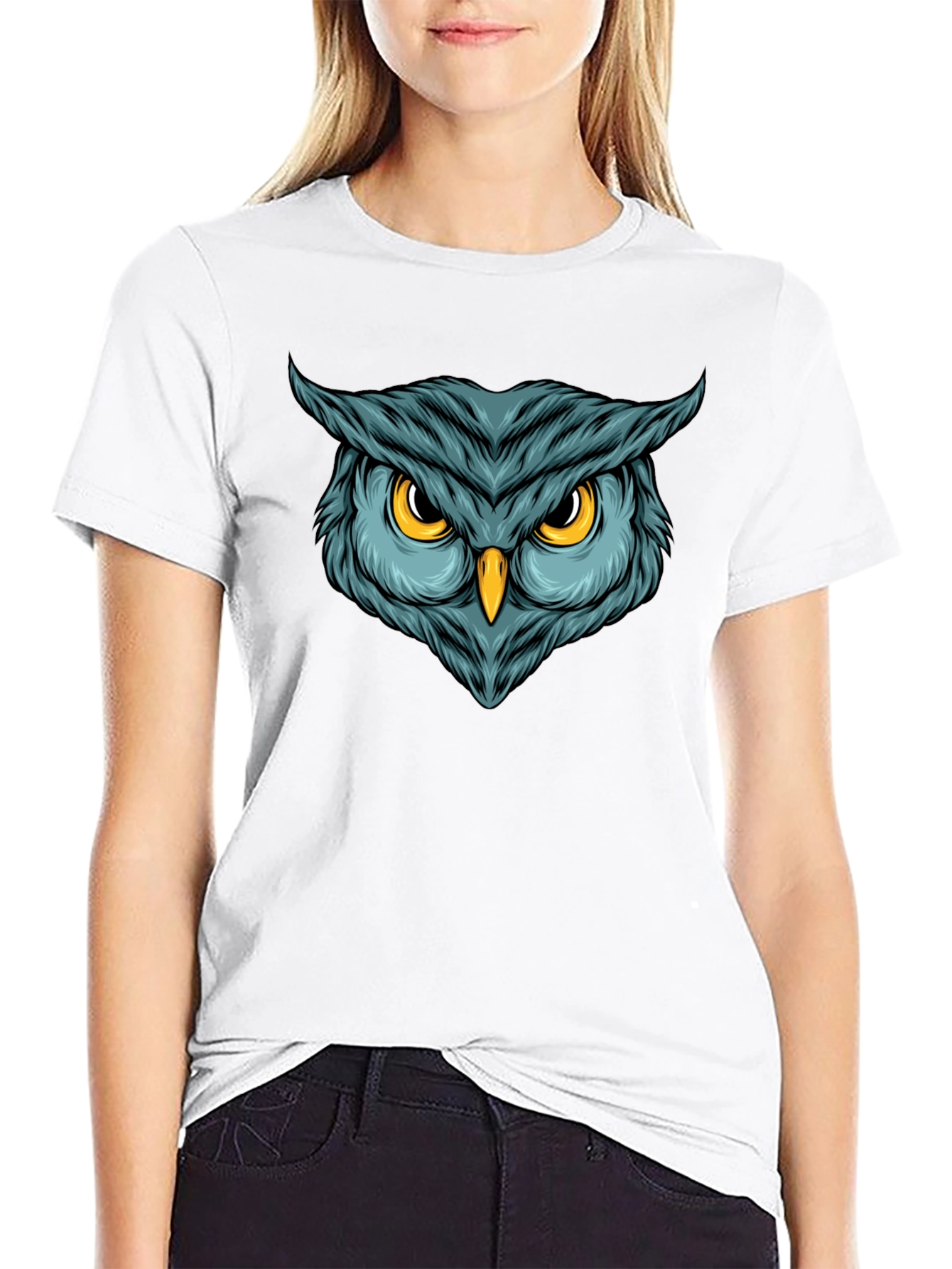 Camiseta Negra con Estampado de Búho Intenso