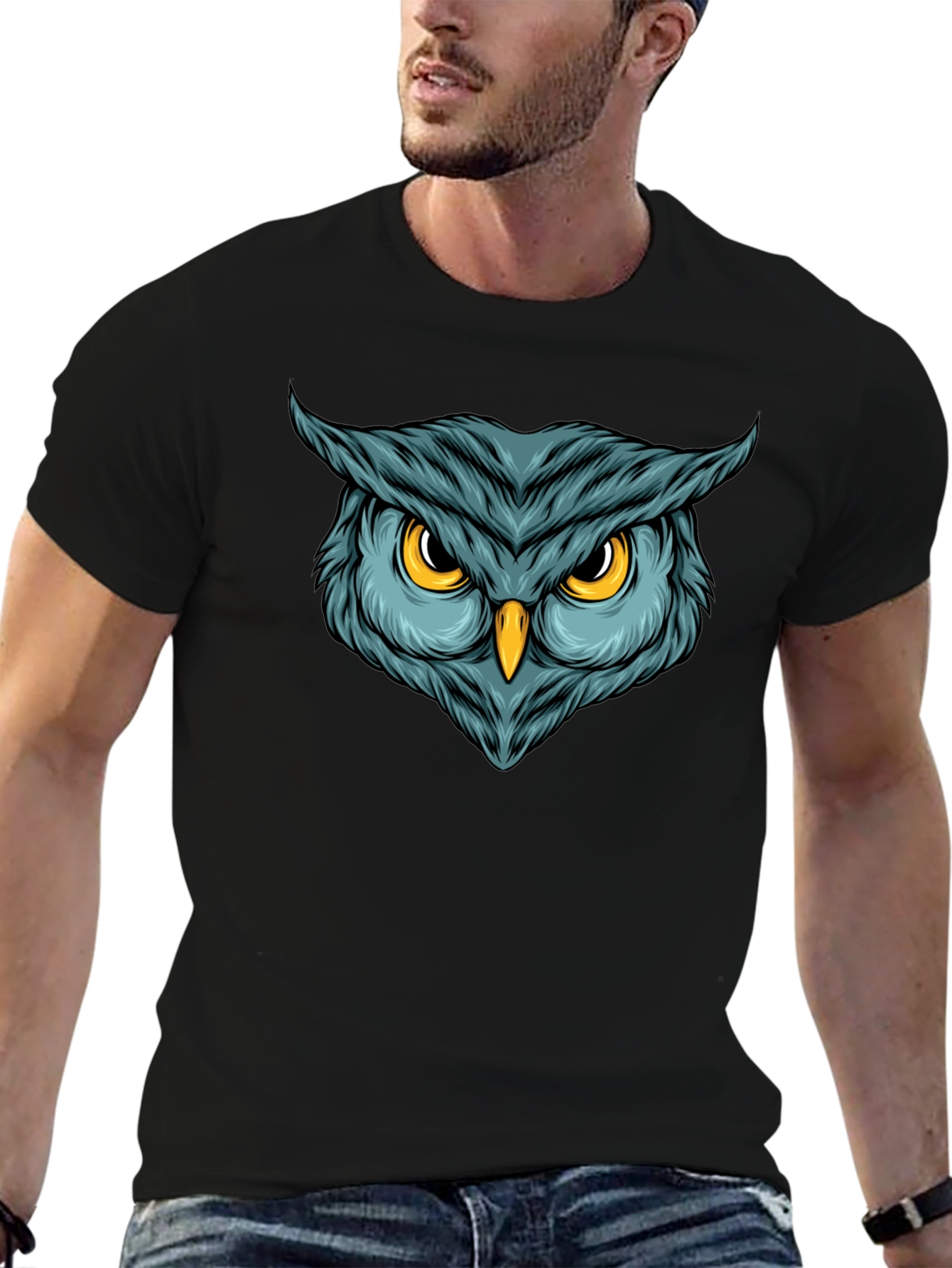 Camiseta Negra con Estampado de Búho Intenso