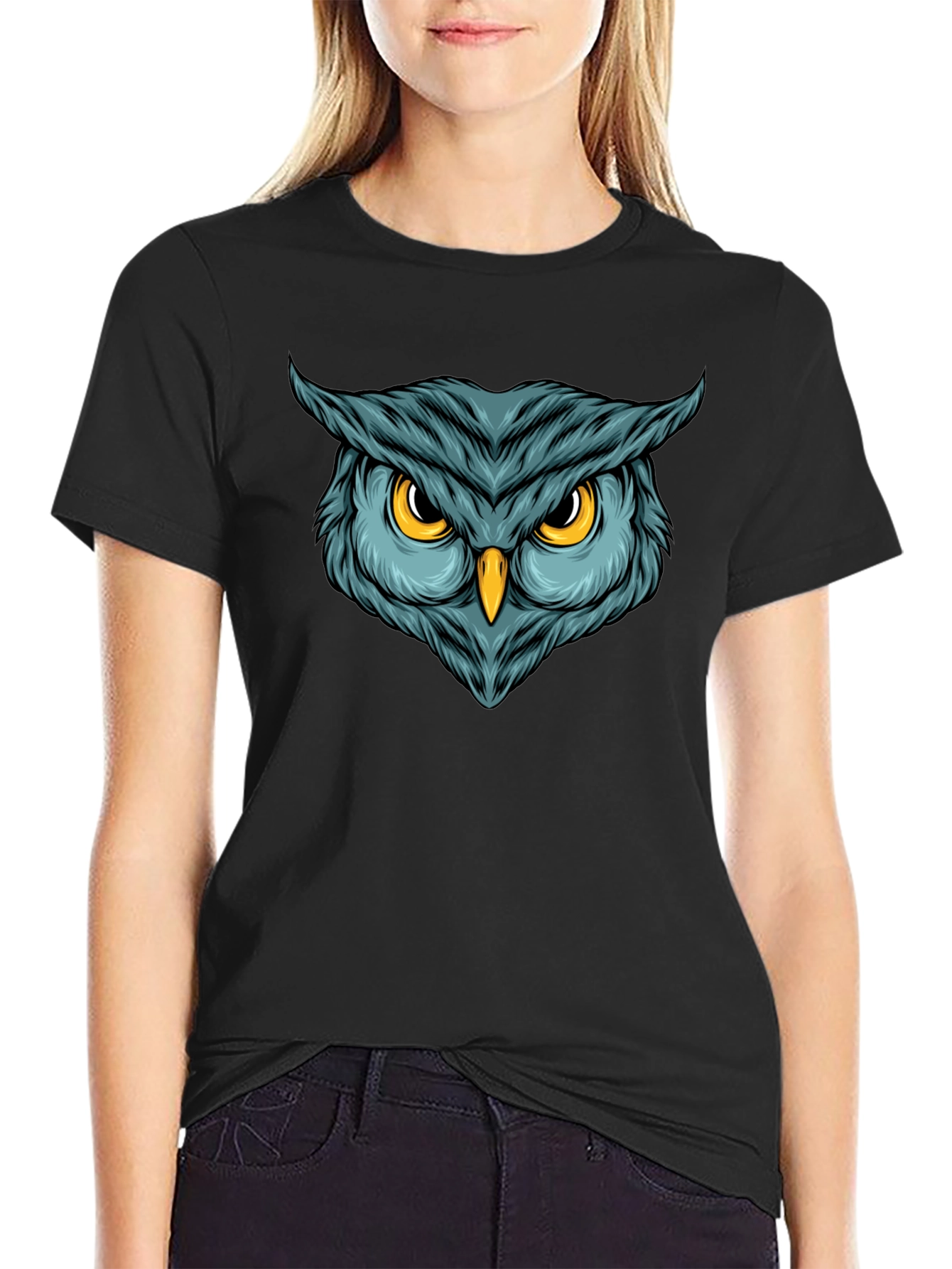 Camiseta Negra con Estampado de Búho Intenso