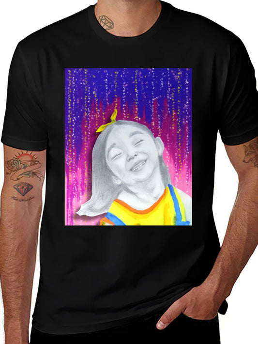 Camiseta Negra con Diseño Artístico de Niña Feliz