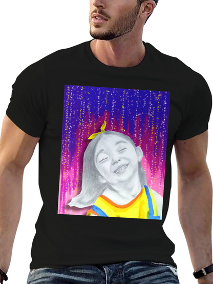 Camiseta Negra con Diseño Artístico de Niña Feliz