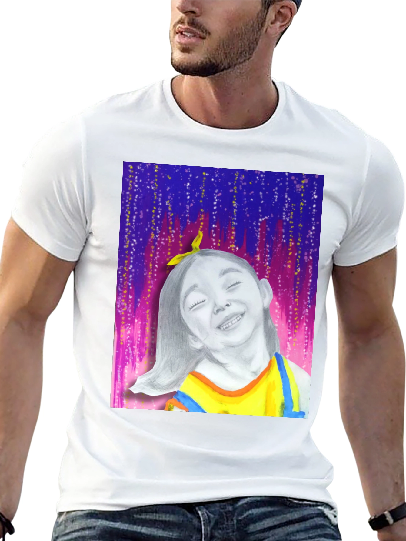 Camiseta Negra con Diseño Artístico de Niña Feliz