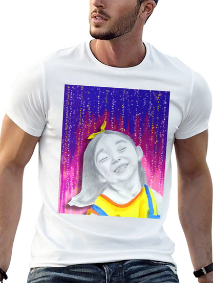 Camiseta Negra con Diseño Artístico de Niña Feliz