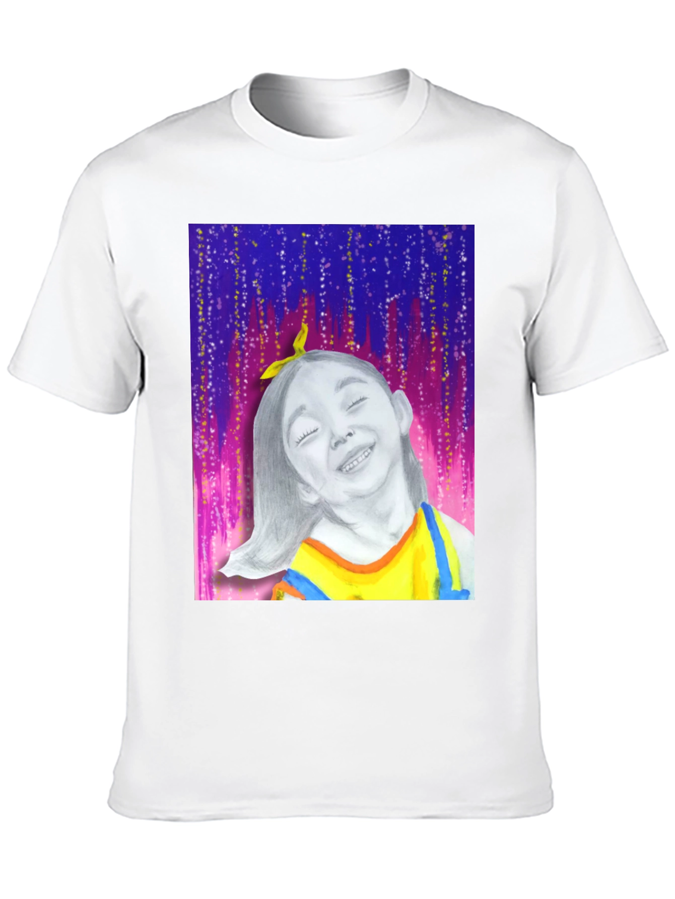 Camiseta Negra con Diseño Artístico de Niña Feliz