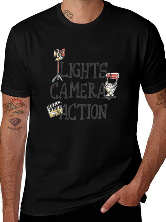 Camiseta Negra Luces Cámara Acción para Amantes del Cine