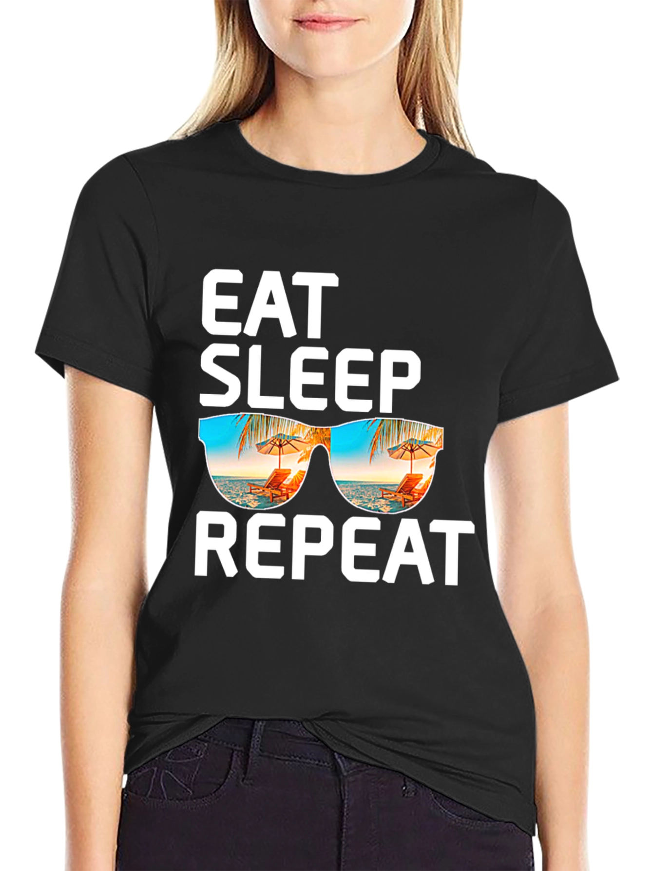 Camiseta Negra: Come Duerme Repite - ¡Vacaciones!