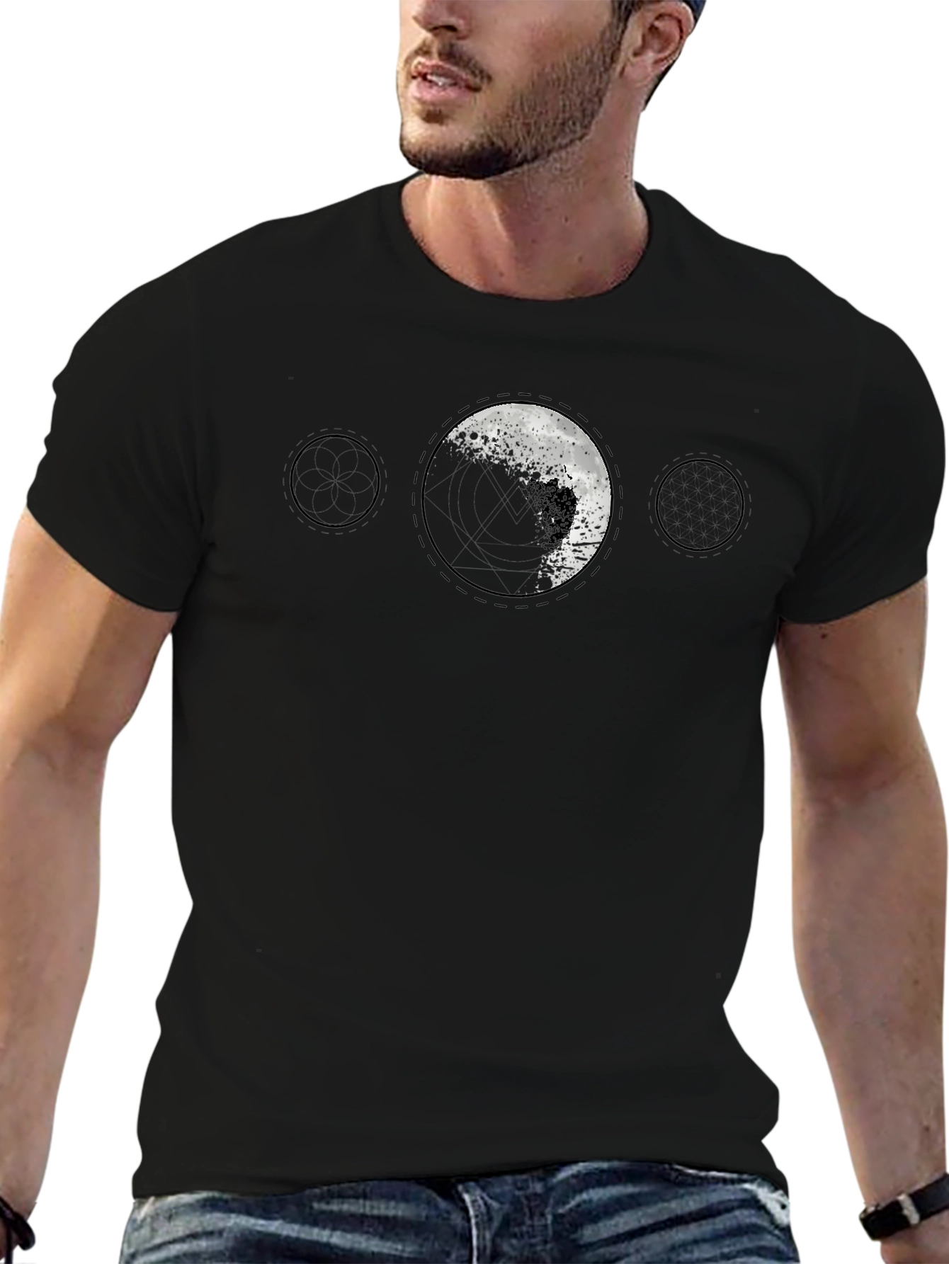 Camiseta Negra Hombre - Diseño Lunar Abstracto