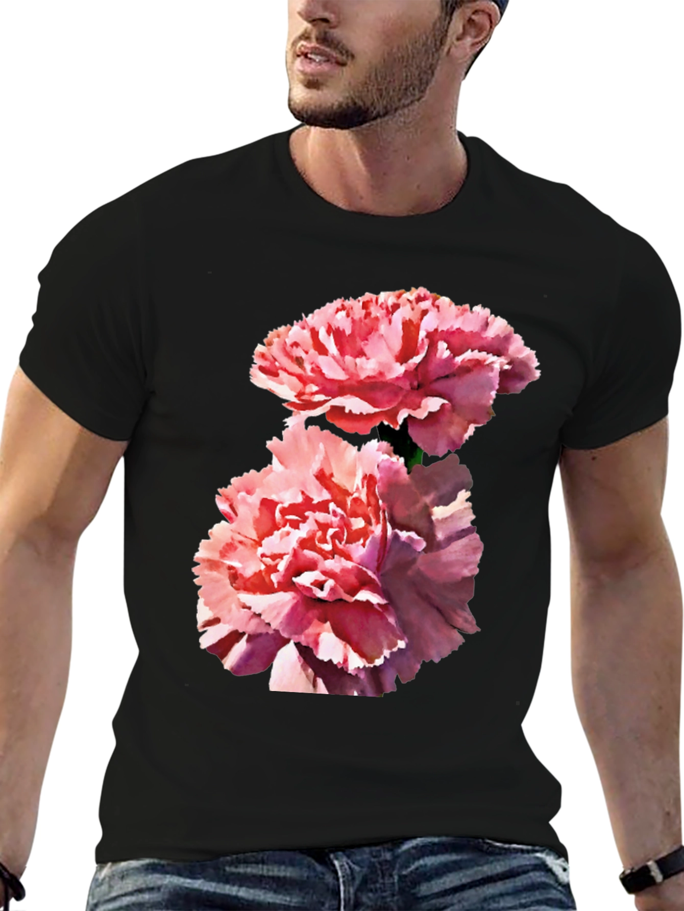Camiseta Negra con Flores Rosadas para Hombre