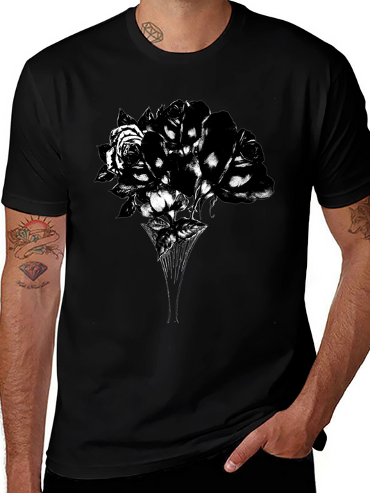 Camiseta Negra con Diseño Floral Abstracto