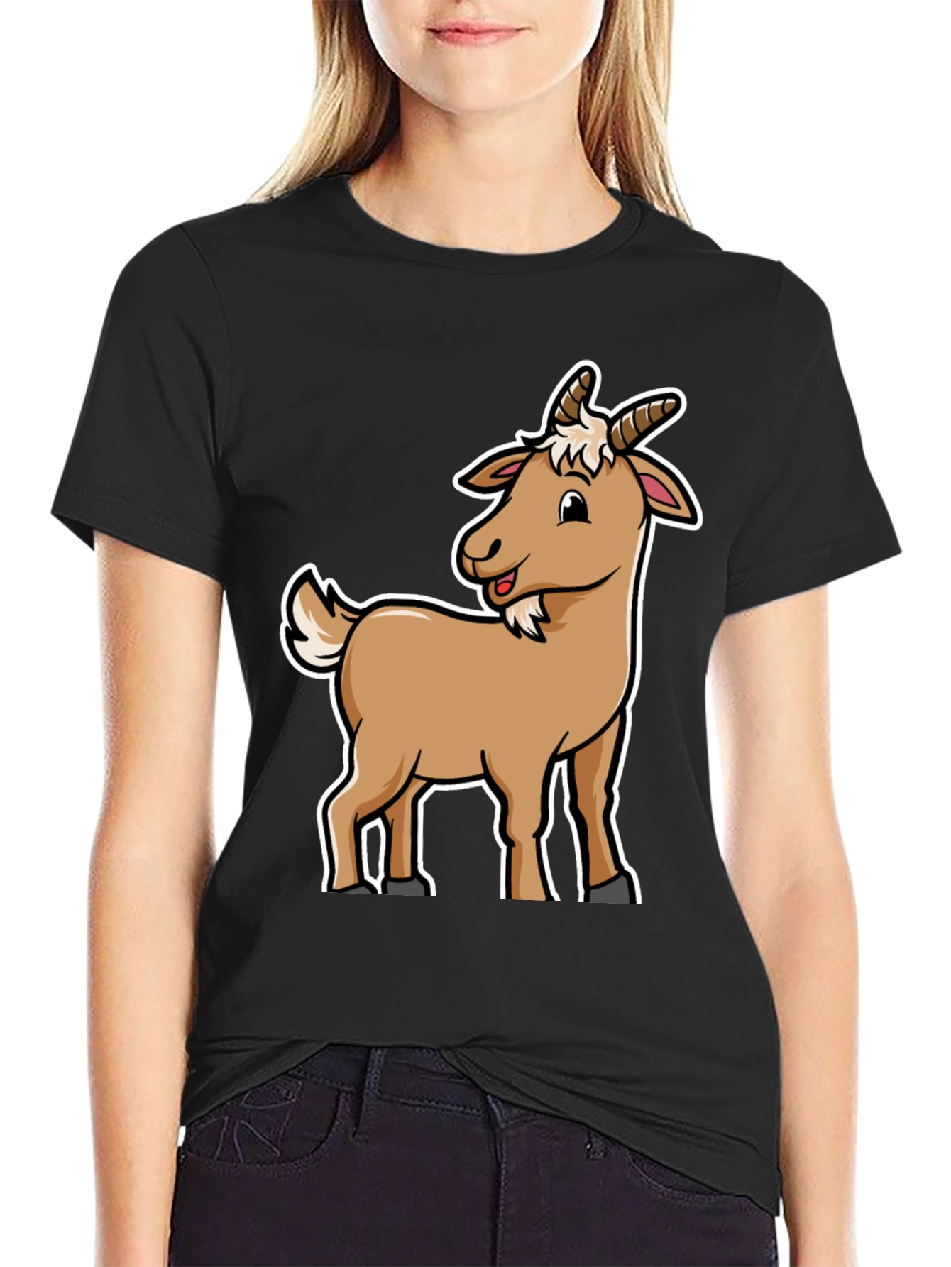 Camiseta Negra con Diseño de Cabra Divertida