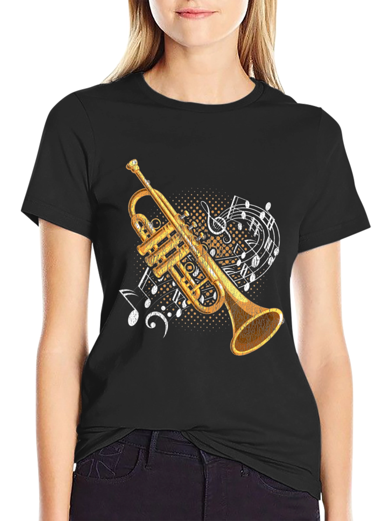 Camiseta Negra con Diseño de Trompeta Musical