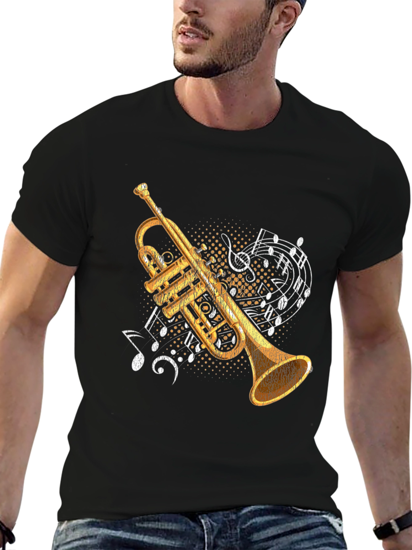 Camiseta Negra con Diseño de Trompeta Musical
