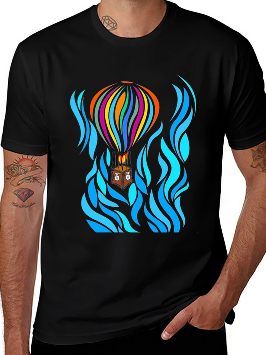 Camiseta Negra con Diseño de Globo Aerostático Abstracto