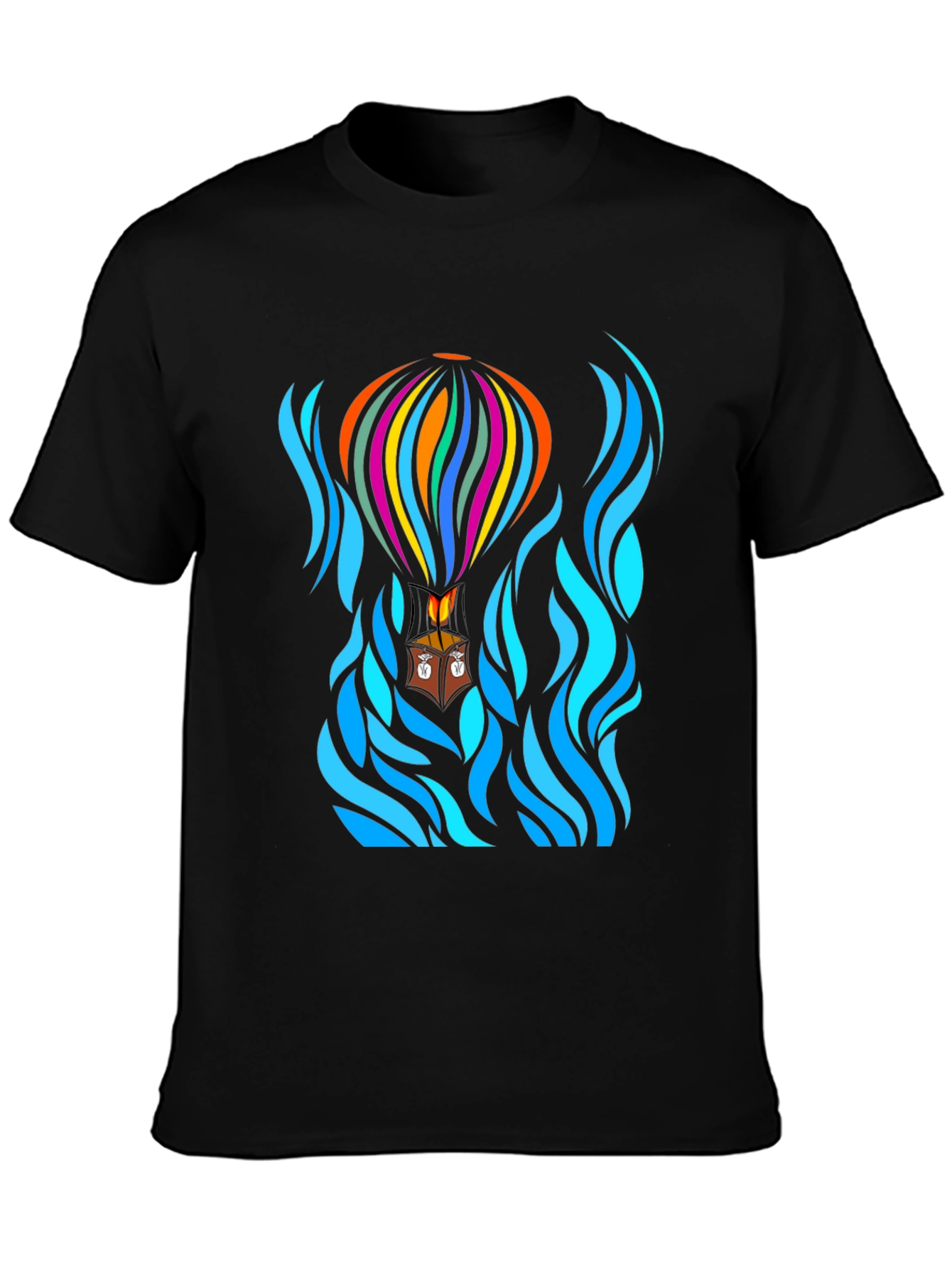 Camiseta Negra con Diseño de Globo Aerostático Abstracto