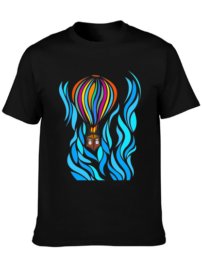 Camiseta Negra con Diseño de Globo Aerostático Abstracto