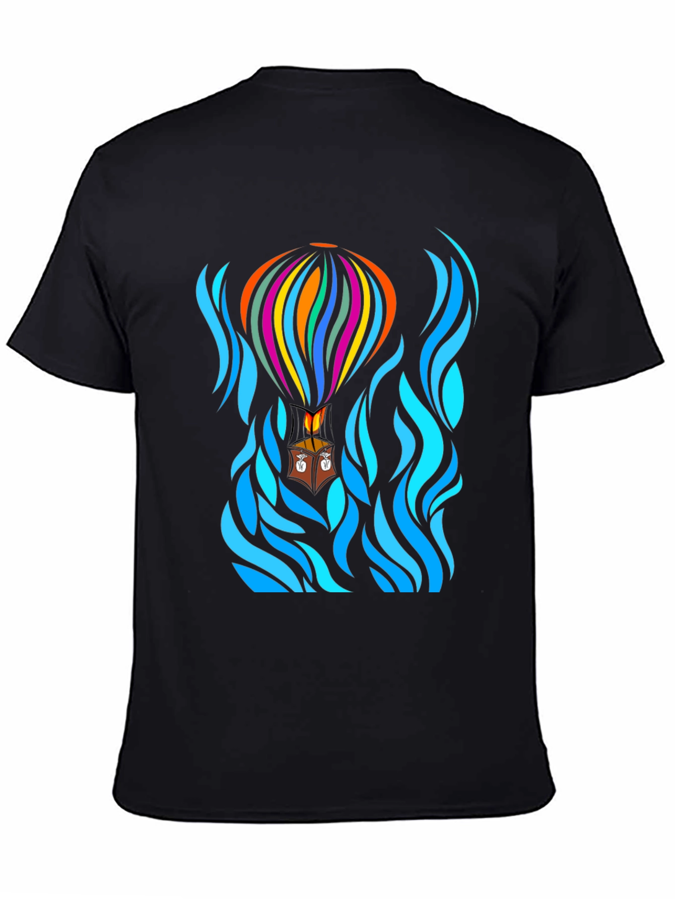 Camiseta Negra con Diseño de Globo Aerostático Abstracto