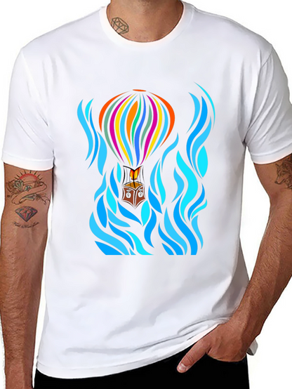 Camiseta Negra con Diseño de Globo Aerostático Abstracto