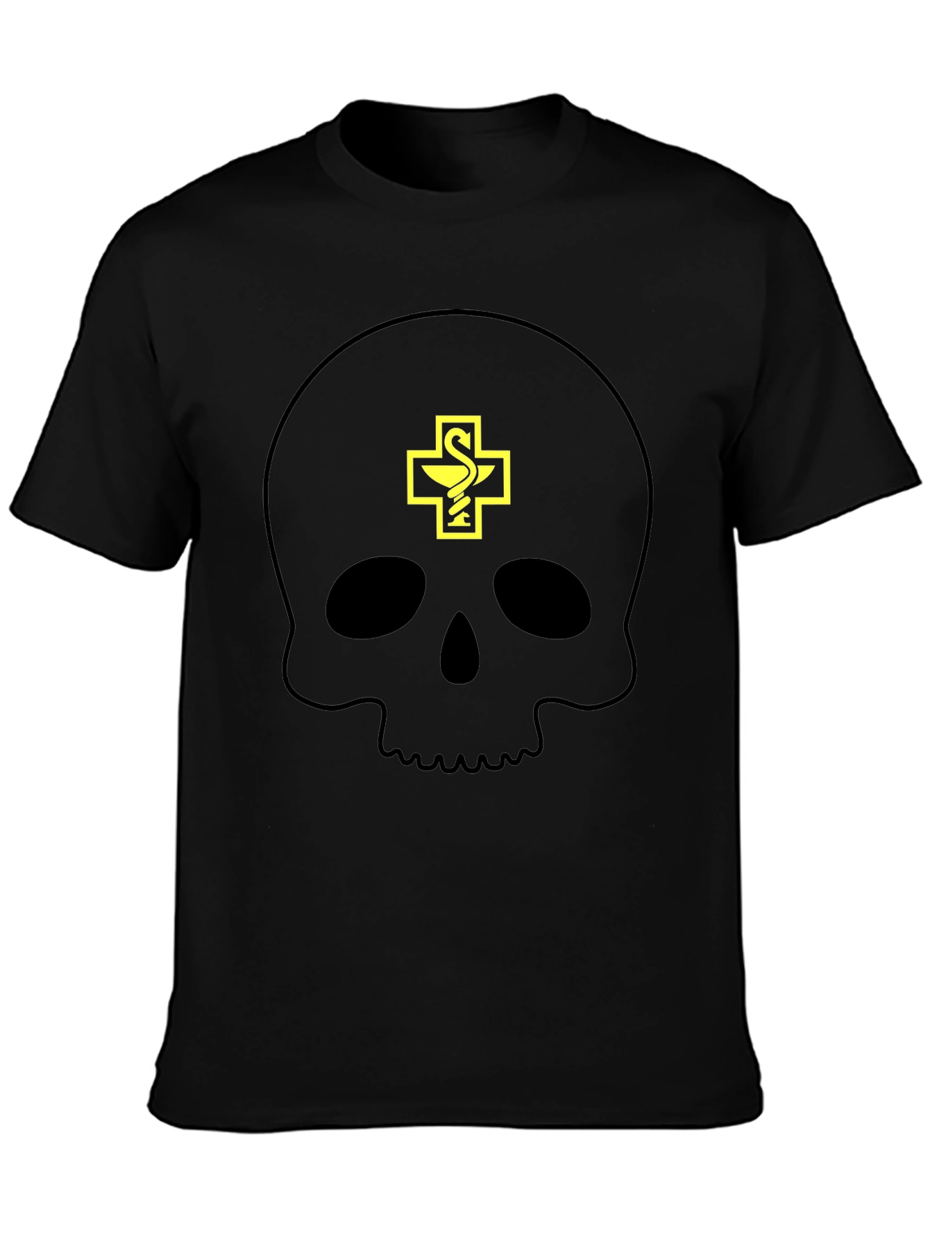 Camiseta Negra con Calavera y Símbolo Farmacéutico