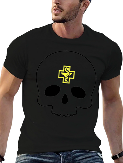 Camiseta Negra con Calavera y Símbolo Farmacéutico