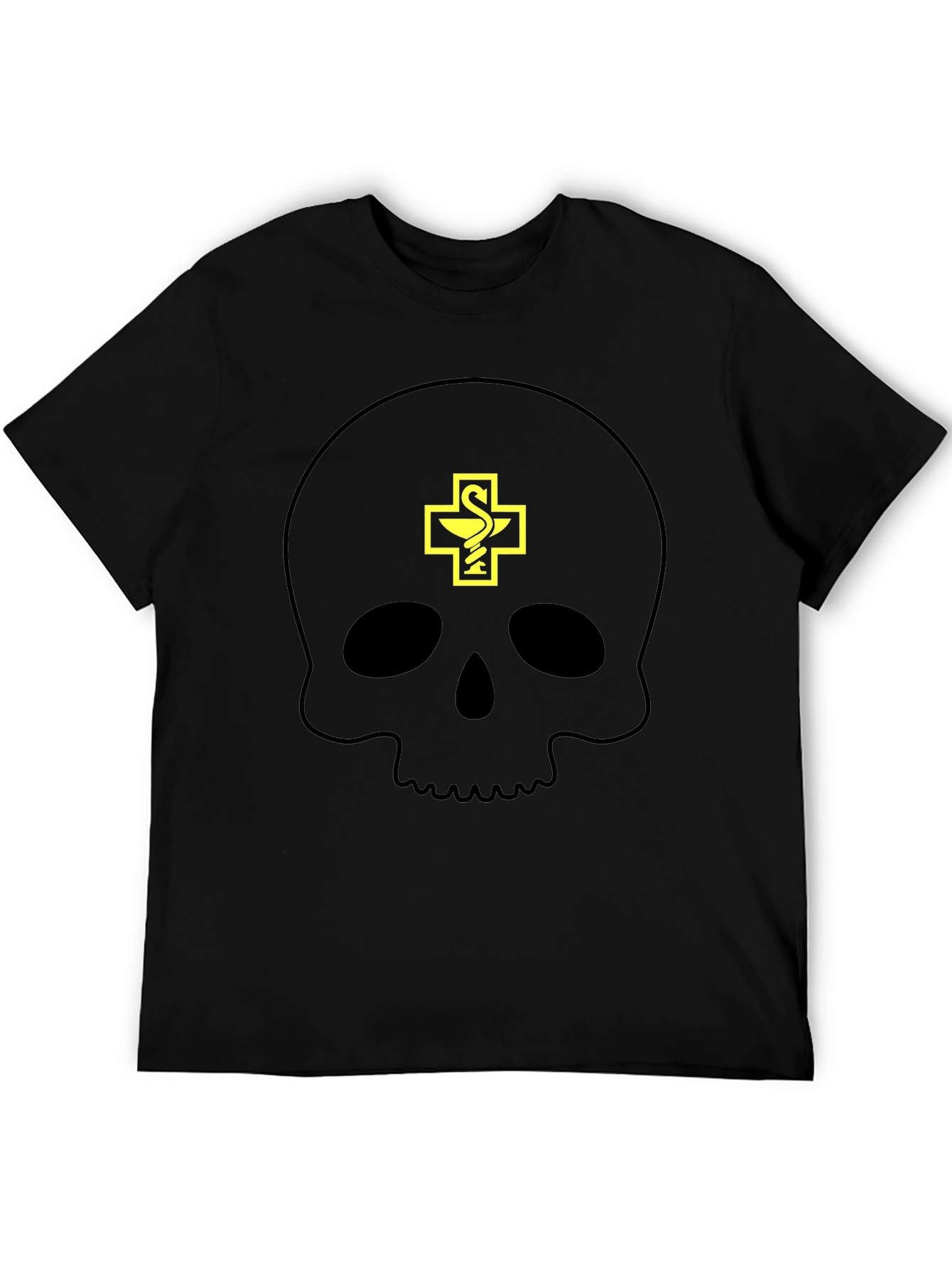 Camiseta Negra con Calavera y Símbolo Farmacéutico