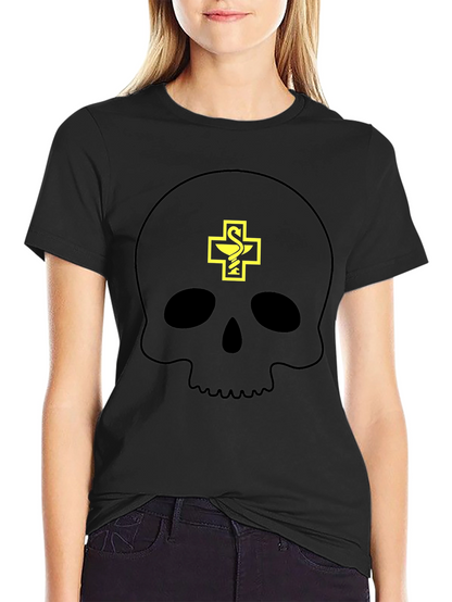 Camiseta Negra con Calavera y Símbolo Farmacéutico