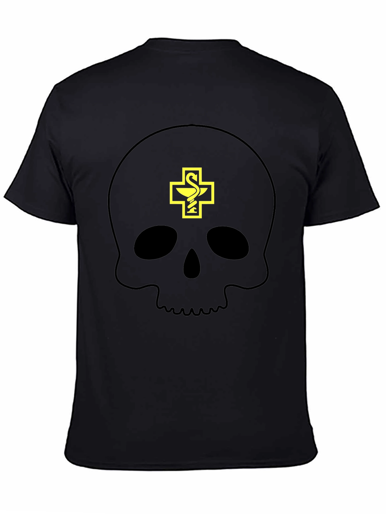Camiseta Negra con Calavera y Símbolo Farmacéutico