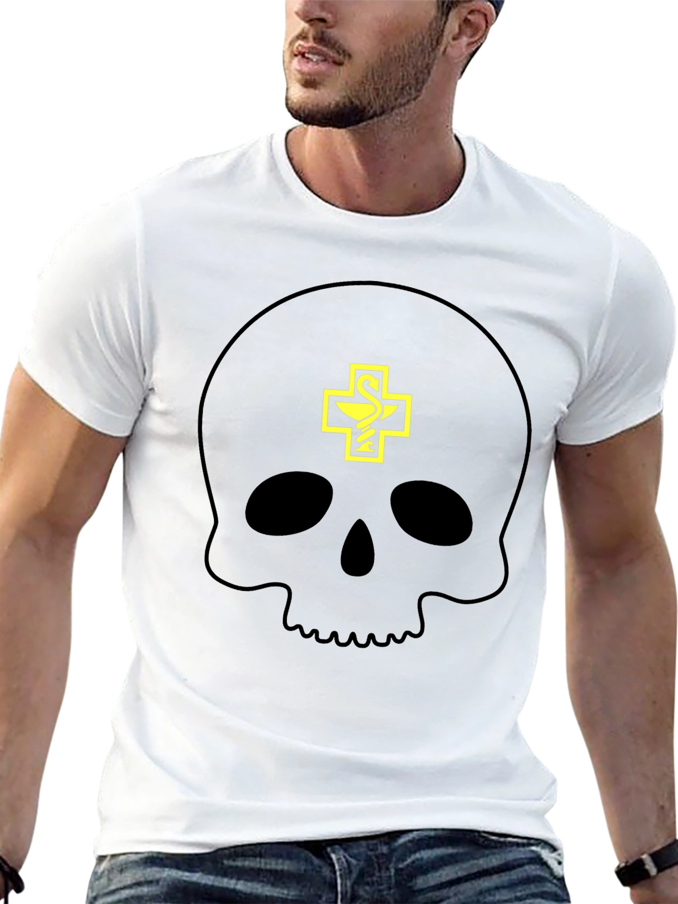 Camiseta Negra con Calavera y Símbolo Farmacéutico