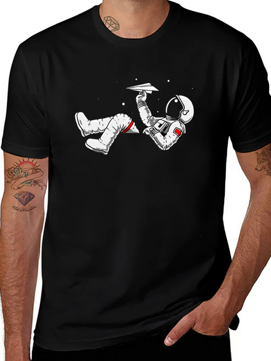 Camiseta Negra con Diseño de Astronauta y Avión de Papel