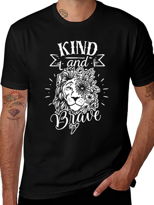 Camiseta Negra con Diseño de León Floral Kind and Brave