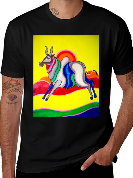 Camiseta Negra con Diseño de Toro Abstracto Multicolor