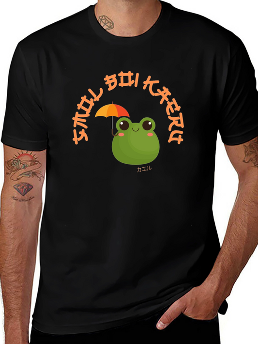 Camiseta Negra con Diseño de Rana y Paraguas Kawaii