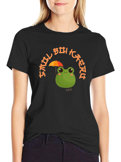 Camiseta Negra con Diseño de Rana y Paraguas Kawaii