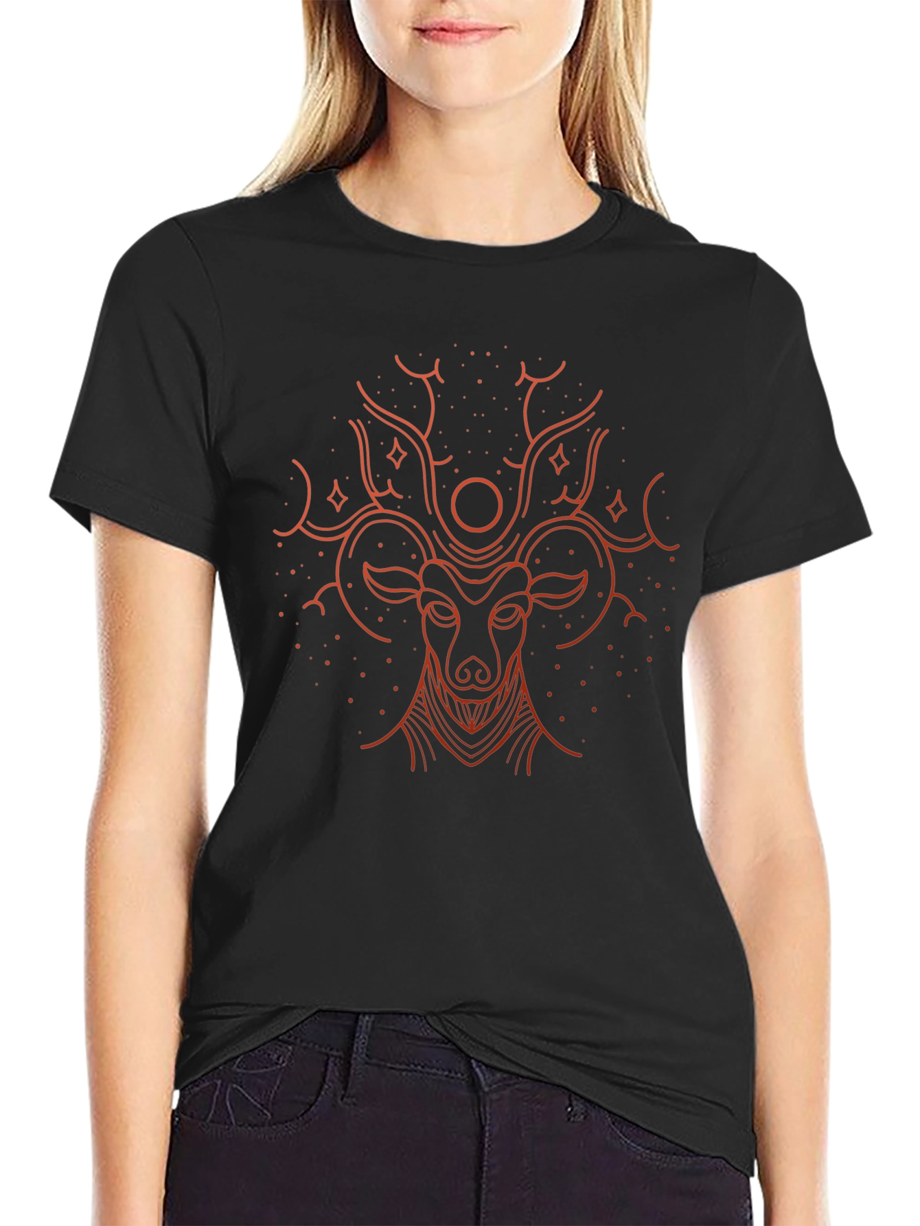 Camiseta Negra con Diseño de Ciervo Místico