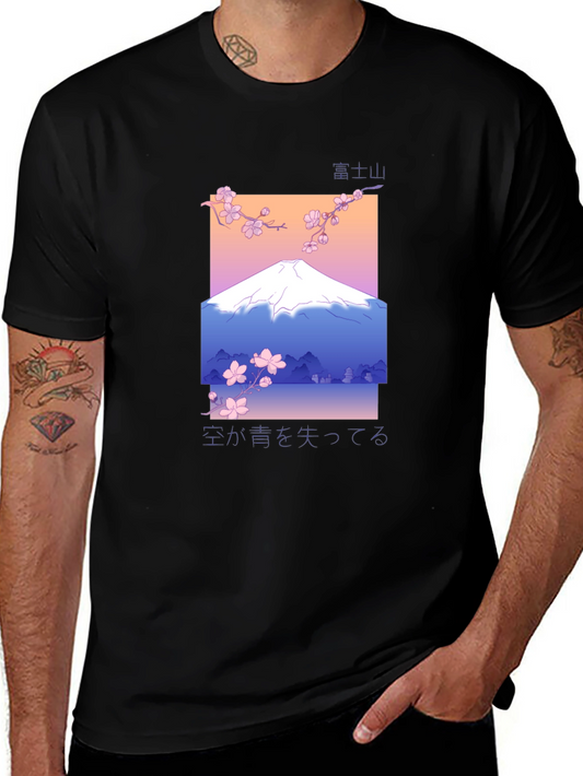 Camiseta Negra con Diseño de Monte Fuji Estilizado