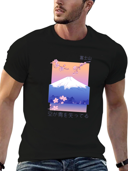 Camiseta Negra con Diseño de Monte Fuji Estilizado
