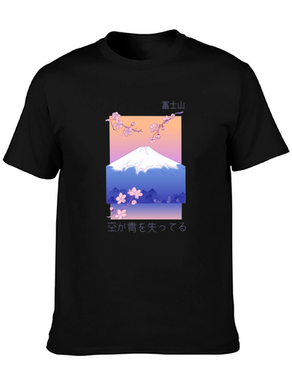 Camiseta Negra con Diseño de Monte Fuji Estilizado