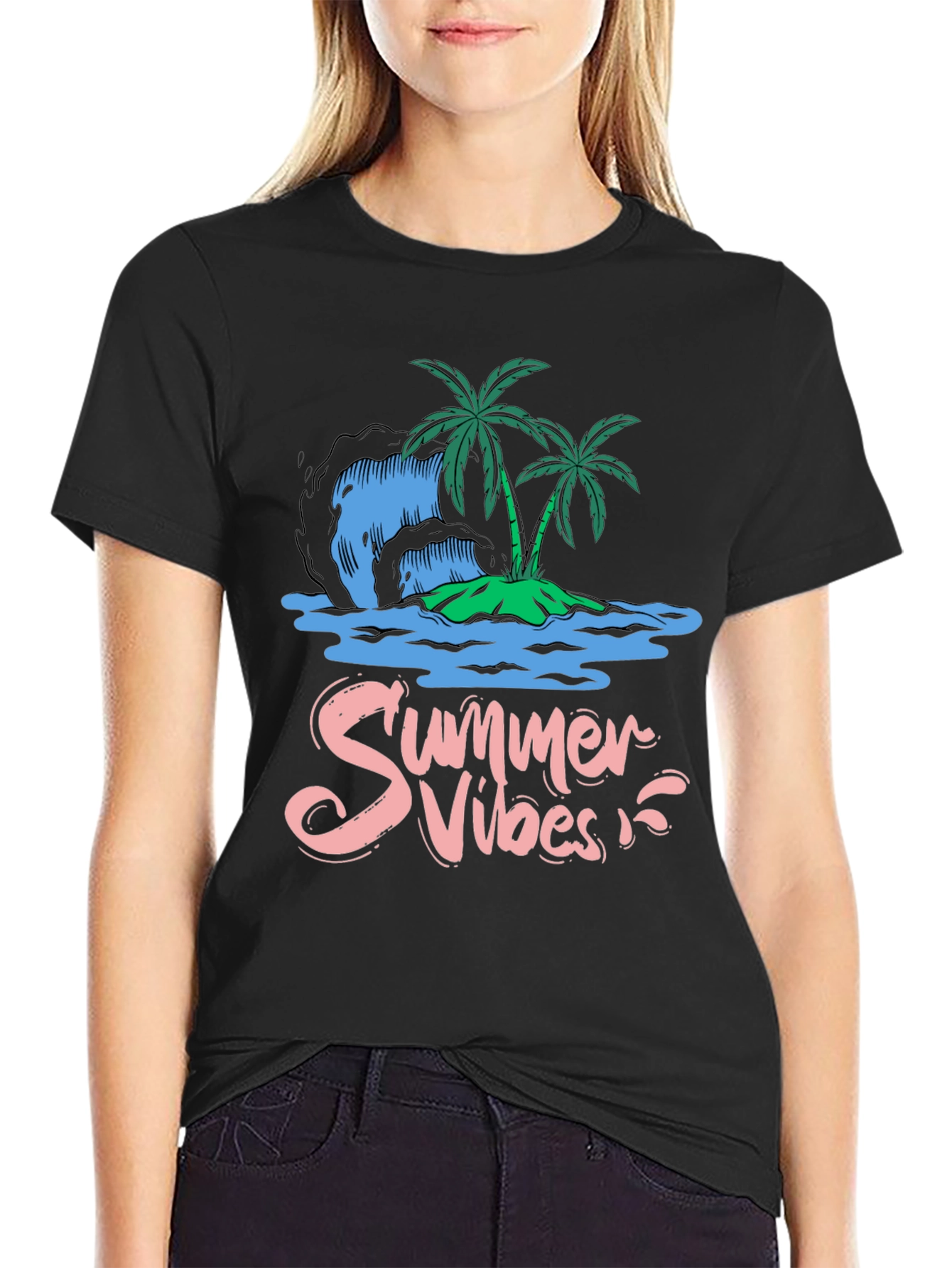 Camiseta Negra Summer Vibes Diseño Tropical