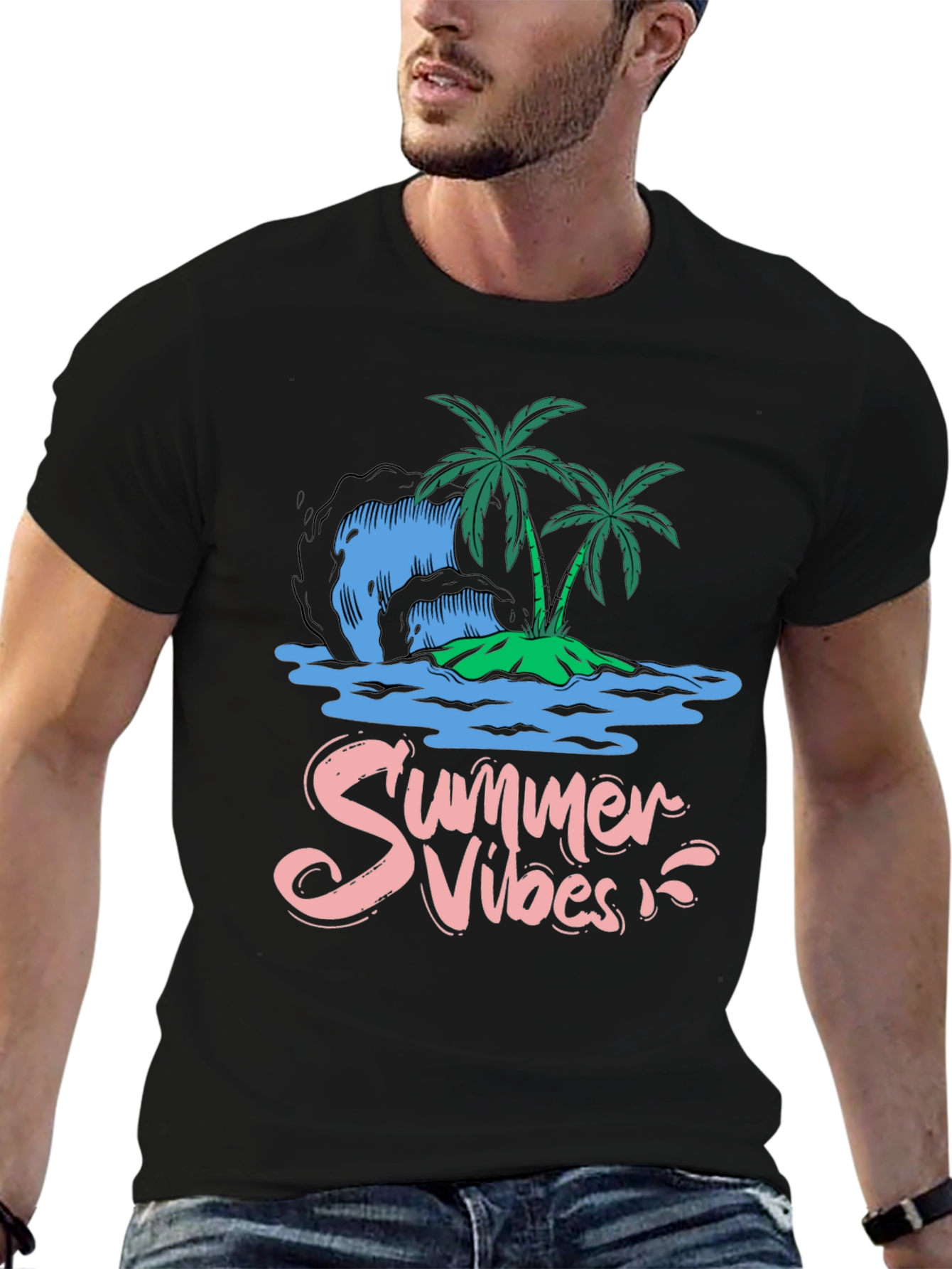 Camiseta Negra Summer Vibes Diseño Tropical