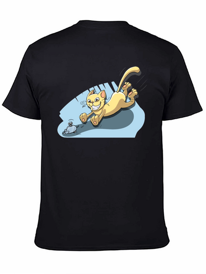 Camiseta Negra con Diseño de Gato Persiguiendo Ratón