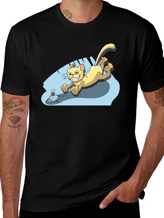 Camiseta Negra con Diseño de Gato Persiguiendo Ratón