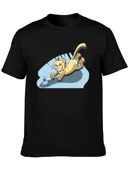 Camiseta Negra con Diseño de Gato Persiguiendo Ratón