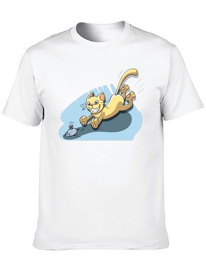 Camiseta Negra con Diseño de Gato Persiguiendo Ratón