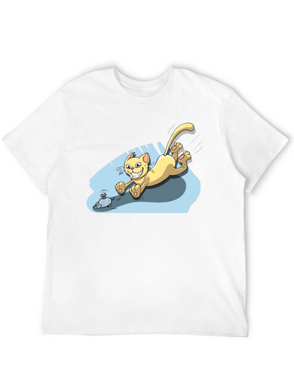 Camiseta Negra con Diseño de Gato Persiguiendo Ratón