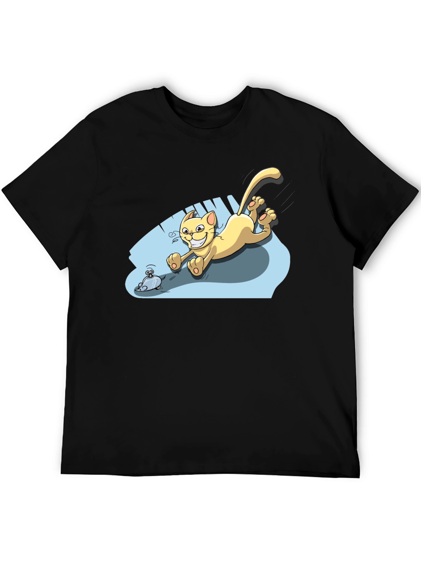 Camiseta Negra con Diseño de Gato Persiguiendo Ratón